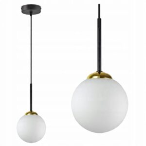 Minimalistyczna, czarno-złota lampa wisząca z białą kulką
