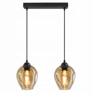 Lampa z 2 bursztynowymi kloszami zwisającymi z czarnej belki