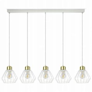 Długa lampa wisząca z 5 metalowymi kloszami diamentami
