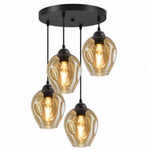 Lampa wisząca z 4 miodowymi kloszami na czarnych kablach