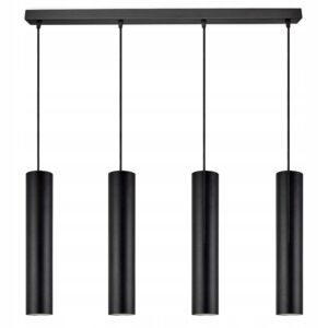 Minimalistyczna czarna lampa wisząca z tubami nad długi stół