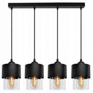 Podłużna lampa wisząca na metalowym stelażu z 4 kloszami