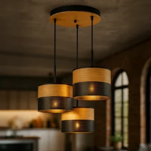 Potrójna lampa wisząca BOHO z ażurowymi abażurami i drewnem
