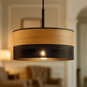 Pojedynczy żyrandol BOHO z dużym, drewnianym abażurem 40 cm