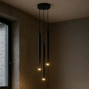 Czarna lampa wisząca – trzy wąskie tuby świecące w dół G9