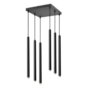Czarna lampa wisząca tubki, kwadratowa podstawa, na 6 źródeł