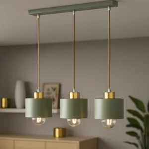 Podłużna lampa z trzema metalowymi kloszami – szałwia złoto