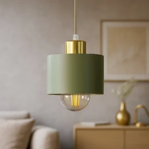 Mała, praktyczna lampa wisząca w kolorze szałwii i złota