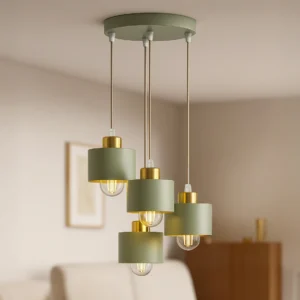 Poczwórna lampa wisząca na okrągłej podstawie, mięta i złoto