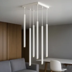 Biała lampa wisząca z 6 słupkami G9 z kwadratową podstawą