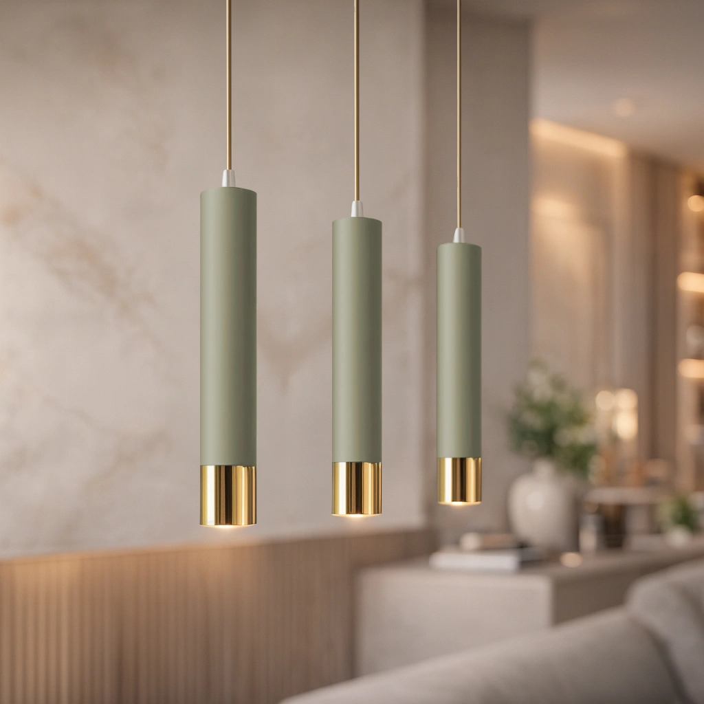 Potrójna, podłużna lampa wisząca – tuby w modnej zieleni